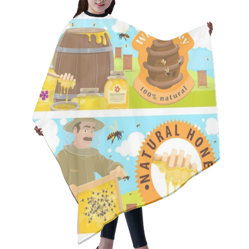 Personality  Beekeeping Farmer, Apiary Honey Vector Banner. Agriculture Apiculture And Beekeeper Hobby. Beekeeper In Protective Clothing Holding A Comb Frame, Wild Bee Nest, Barrel And Jar Filled With Tasty Honey Hair Cutting Cape