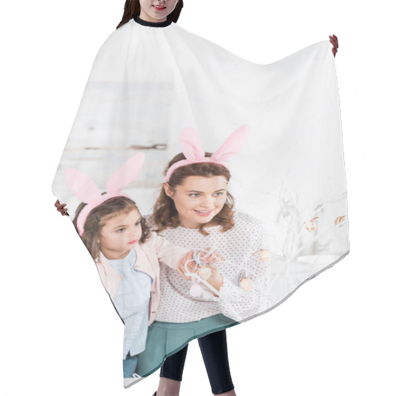 Personality  Happy Mother And Daughter In Bunny Ears Decorating Easter Tree Hair Cutting Cape