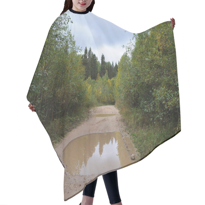 Personality  Dirt Road With Mud And Big Puddles After Rain Hair Cutting Cape