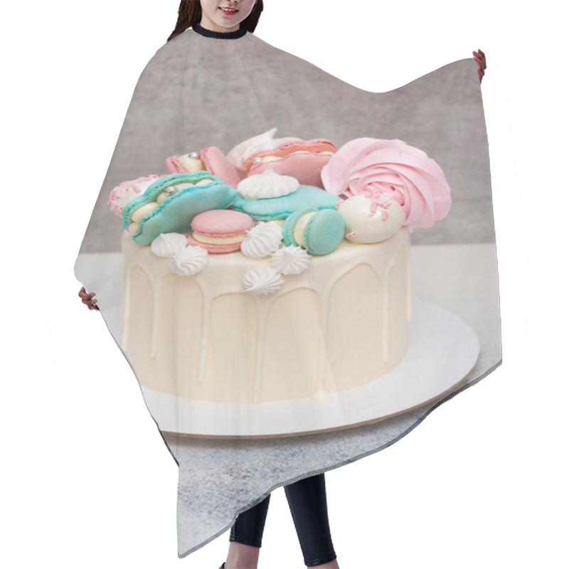 Personality  Elegant White Cake With Macaroon Sea Shells, Chocolate And Meringue Decoration Hair Cutting Cape