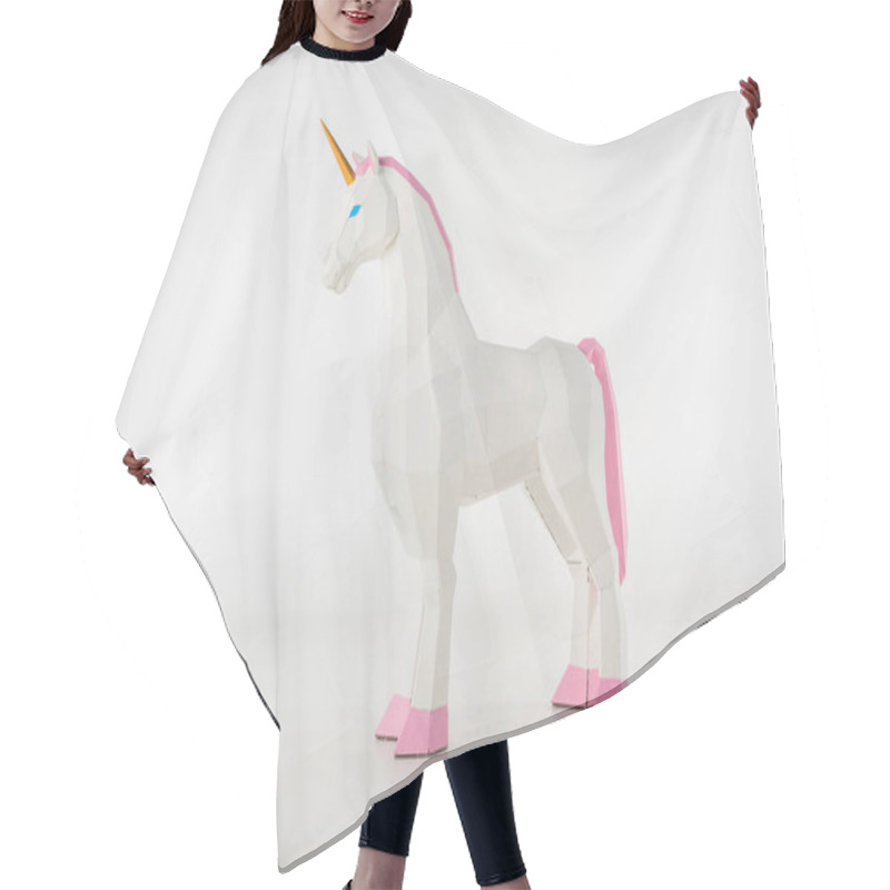 Personality  Unicorn Toy With Golden Horn With Pink Hooves On White Hair Cutting Cape