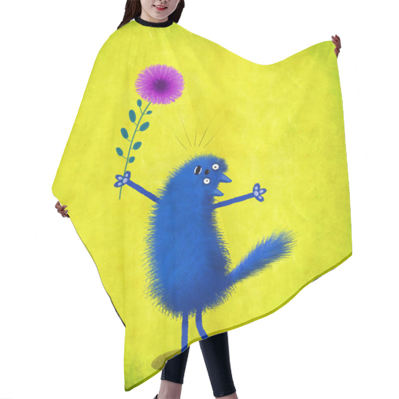 Personality  Blue Singing Cat Holding Violet Aster Hair Cutting Cape