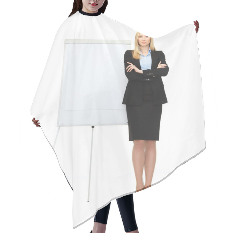 Personality  Businesswoman With Flipchart In Office Hair Cutting Cape