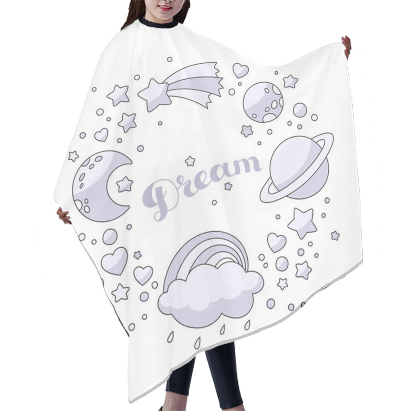 Personality  Set Of Celestial Bodies: Crescent, Planets, Stars, Cloud, Rainbo Hair Cutting Cape