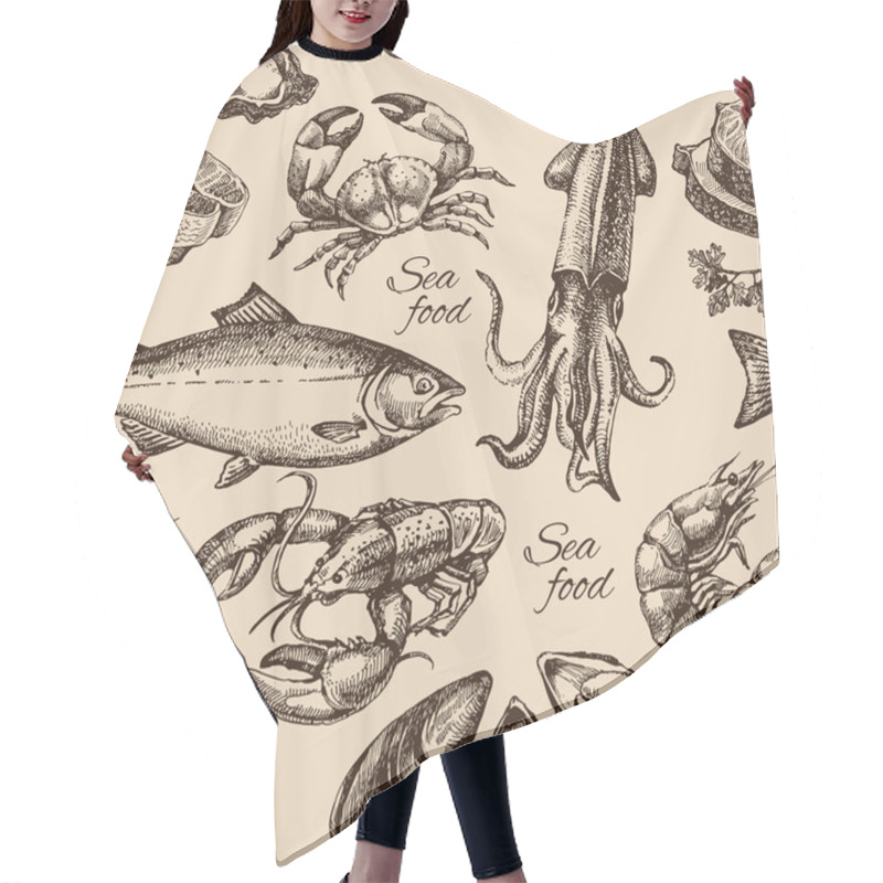 Personality  Hand Drawn Sketch Seafood Seamless Pattern. Hair Cutting Cape