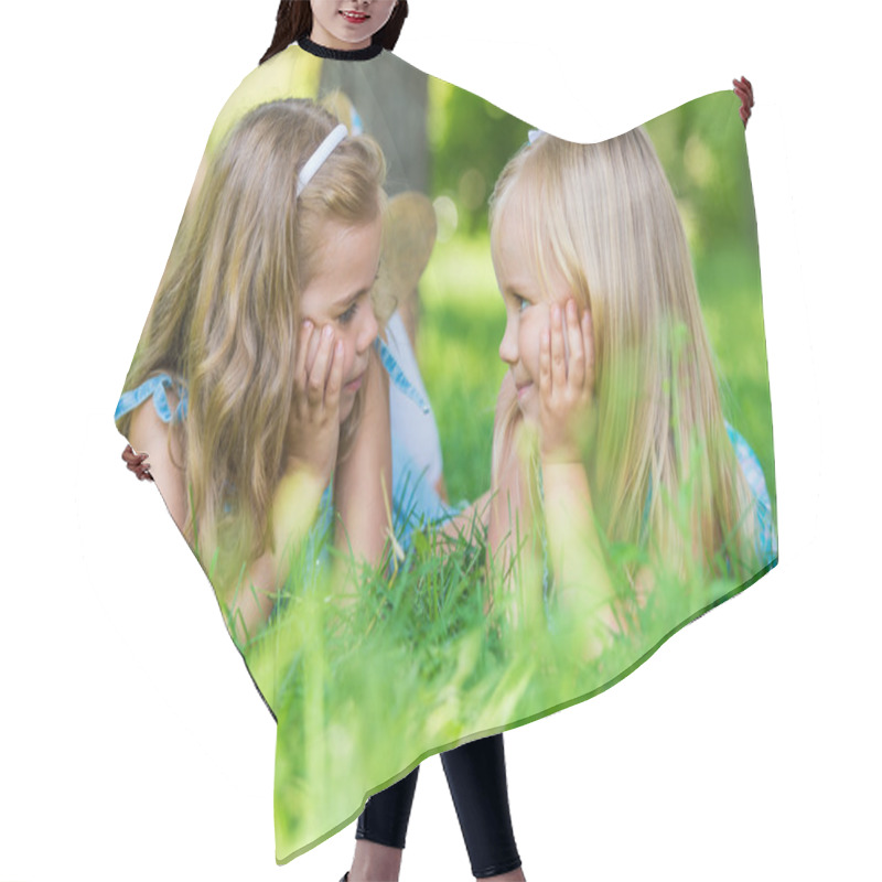 Personality  Two Little Cute Girls On Lawn In The Park Hair Cutting Cape