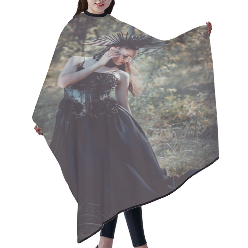 Personality  Adult Woman In Black Witch Costume Standing On Forest Background, Looking Away Hair Cutting Cape