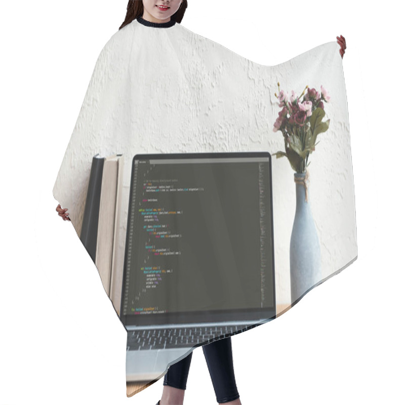 Personality  Laptop With Html Code On Screen, Books And Flowers In Vase On Wooden Table Hair Cutting Cape