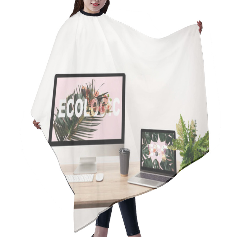 Personality  Computer With Ecologic Illustration On Monitor And Laptop With Monstera Leaves And Eco Lettering On Screen On Wooden Table Hair Cutting Cape