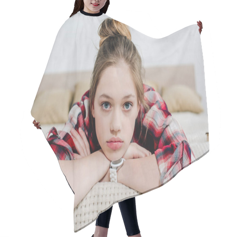 Personality  Front View Of Teenager Kid In Wristwatch Lying On Bed And Looking At Camera Hair Cutting Cape