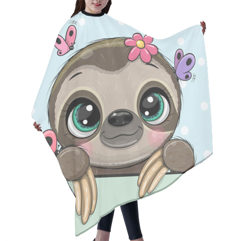 Personality  Cute Cartoon Sloth With Butterflies On A Blue Background Hair Cutting Cape