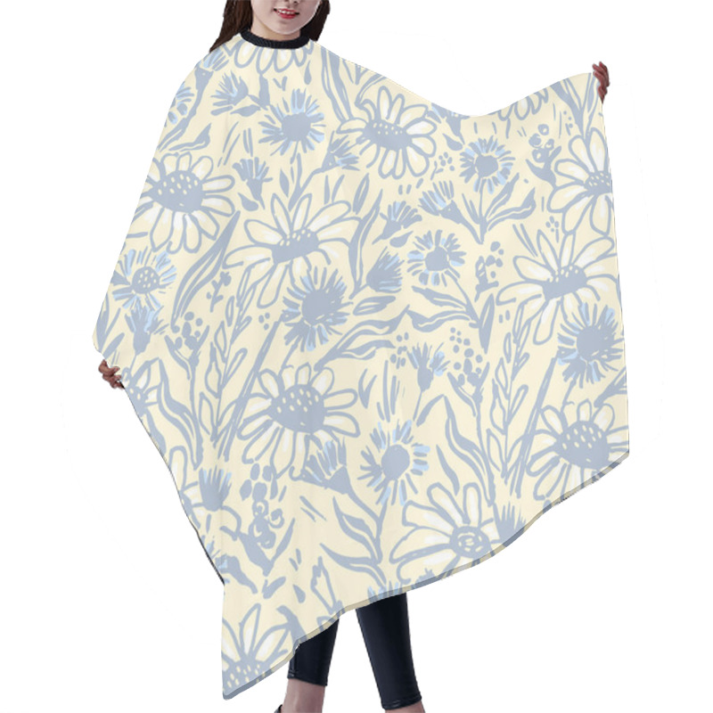 Personality  Hand Drawn Daisy Field. Whimsical Daisy Seamless Pattern. Floral Print With Springtime Charm And Ditsy Flowers. Small Hand Drawn Pattern With Tiny Leaves And Herbs Hair Cutting Cape