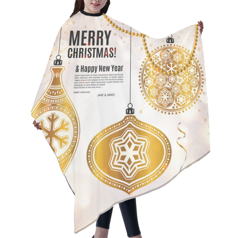 Personality  Christmas Card With Golden Ornamental Xmas Balls, Snowflakes And Pearls. Background With Bokeh Lights. Vector. Hair Cutting Cape