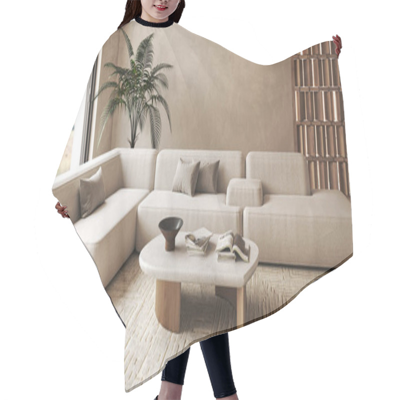 Personality  Boho Beige Livingroom With Palm Plants And Decor - Carpet Background. Light Modern Japanese Nature View. Horizontal Banner Panoramic Background. 3d Rendering. High Quality 3d Illustration. Hair Cutting Cape