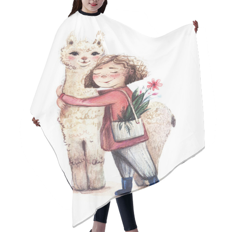 Personality  Little Girl Hugs Alpaca. Cute White Alpaca And Girl With Flowers. Watercolor Illustration Of Alpaca And Girl. Cute Girl Lama Or Also Known As Alpaca. Watercolor Llama Stands With A Girl.Tender Hugs.  Hair Cutting Cape