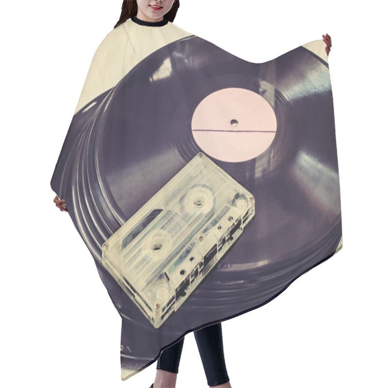 Personality  Old Vinyl Records And Audio Cassette. Toned Photo Hair Cutting Cape