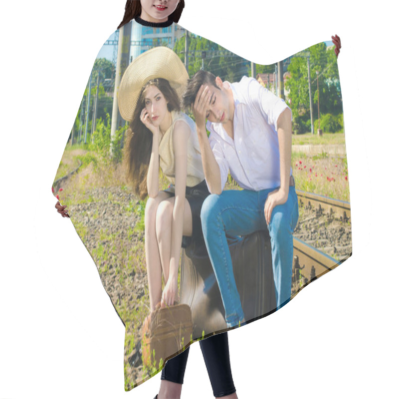 Personality  Young Couple Upset Because They Lost The Train For Their Honeymoon Vacation Hair Cutting Cape