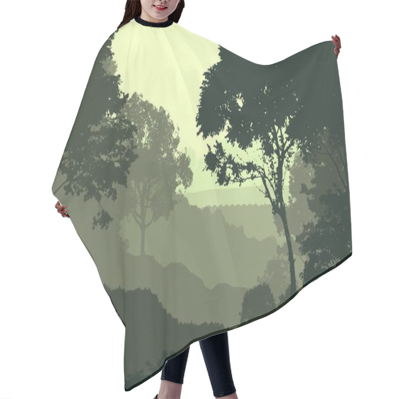 Personality  2d Illustration. Trees In Fog. Deep Forest Haze. Hills Covered By Plants And Foliage. Shrubs And Bushes. Deciduous Wood.  Hair Cutting Cape