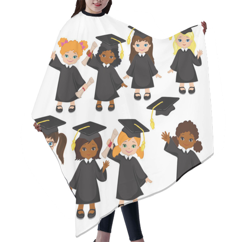 Personality  Girls. Set Of Children In A Graduation Gown And Mortarboard. Vector Illustration Of A Group Of Students And Graduates Of Kindergarten On A White Background. Hair Cutting Cape