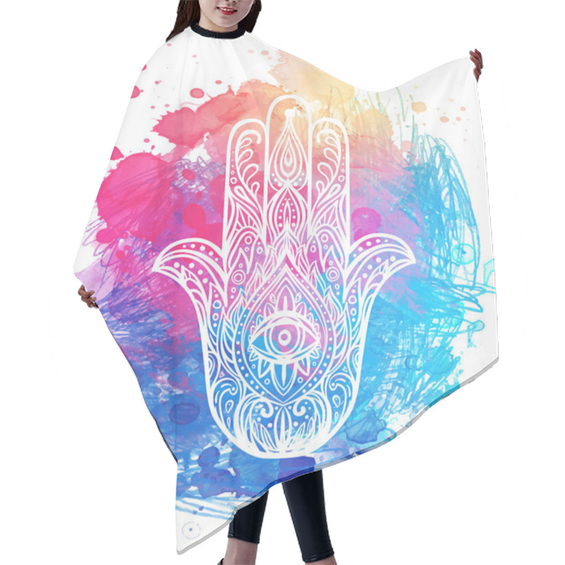 Personality  Ornate Hand Drawn Hamsa. Popular Arabic And Jewish Amulet. Vector Illustration Over Colorful Watercolor Splash. Hair Cutting Cape