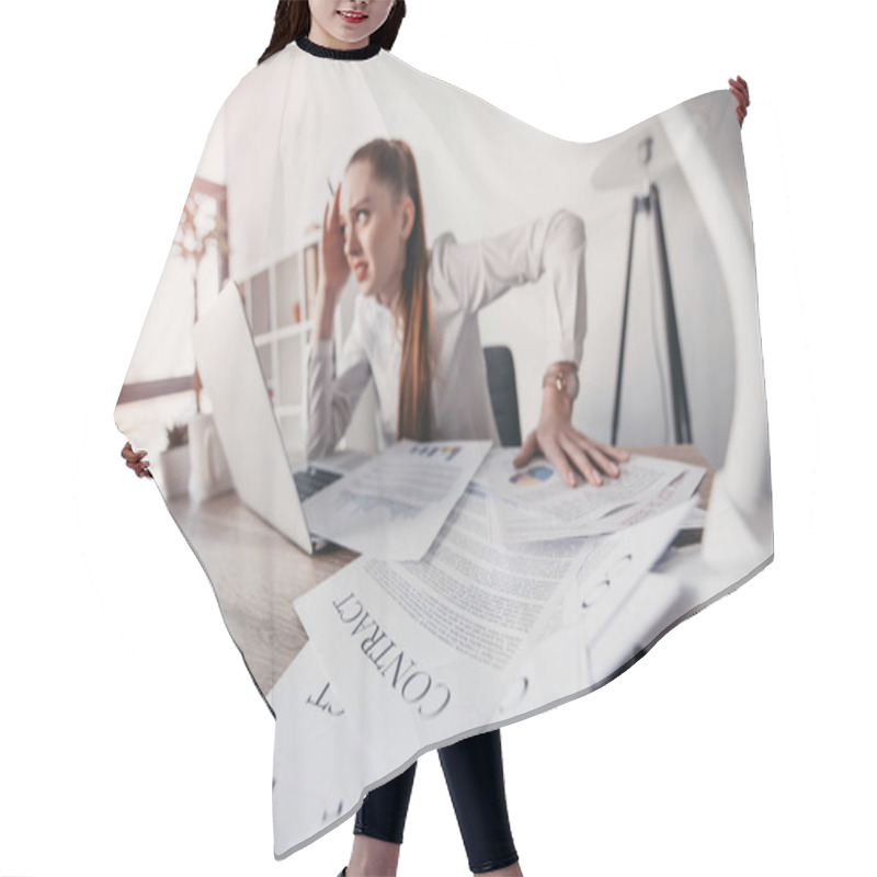 Personality  Stressed Businesswoman With Laptop Hair Cutting Cape