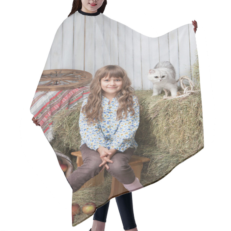 Personality  Portrait Of Girl Villager, Cat On Hay Stack In Barn Hair Cutting Cape