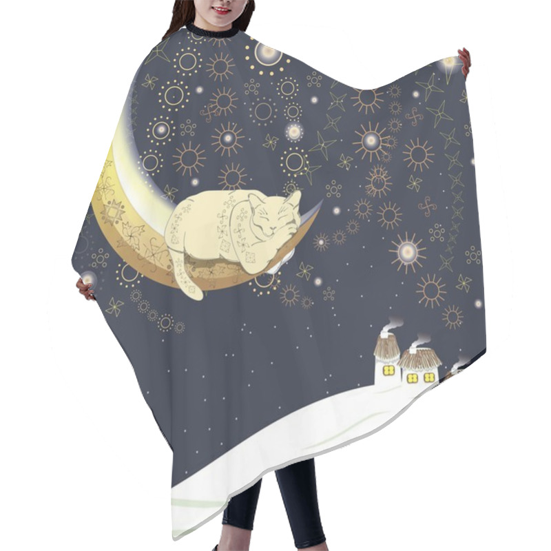 Personality  Sleeping Cat On The Moon Over Ukrainian Village In Winter, Contains Brushes Hair Cutting Cape