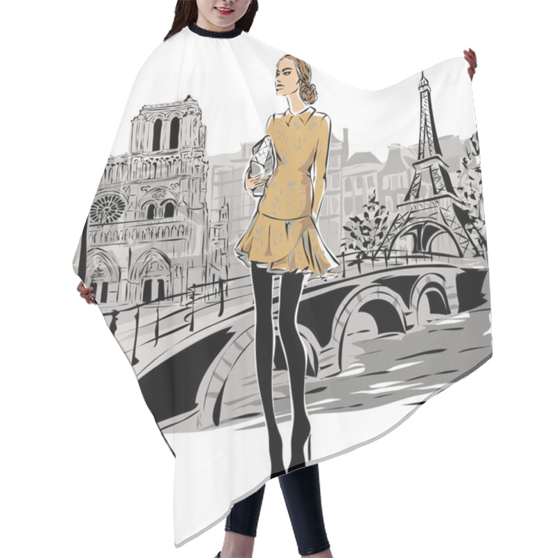 Personality  Fashion Models In Sketch Style Fall Winter With Paris City Background Hair Cutting Cape