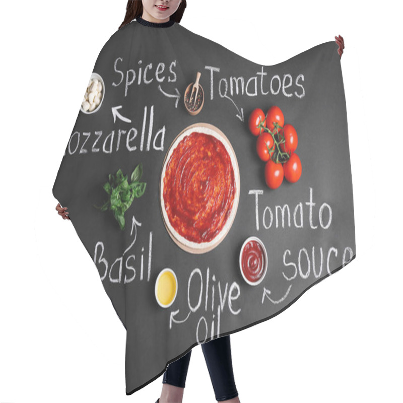 Personality  Pizza Crust, Ingredients And Chalk Written Product's Names On Black Background, Flat Lay Hair Cutting Cape