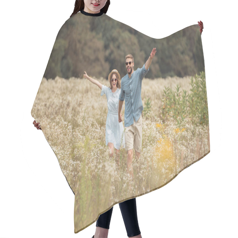 Personality  Happy Lovers Holding Hands While Running In Field With Wild Flowers Hair Cutting Cape