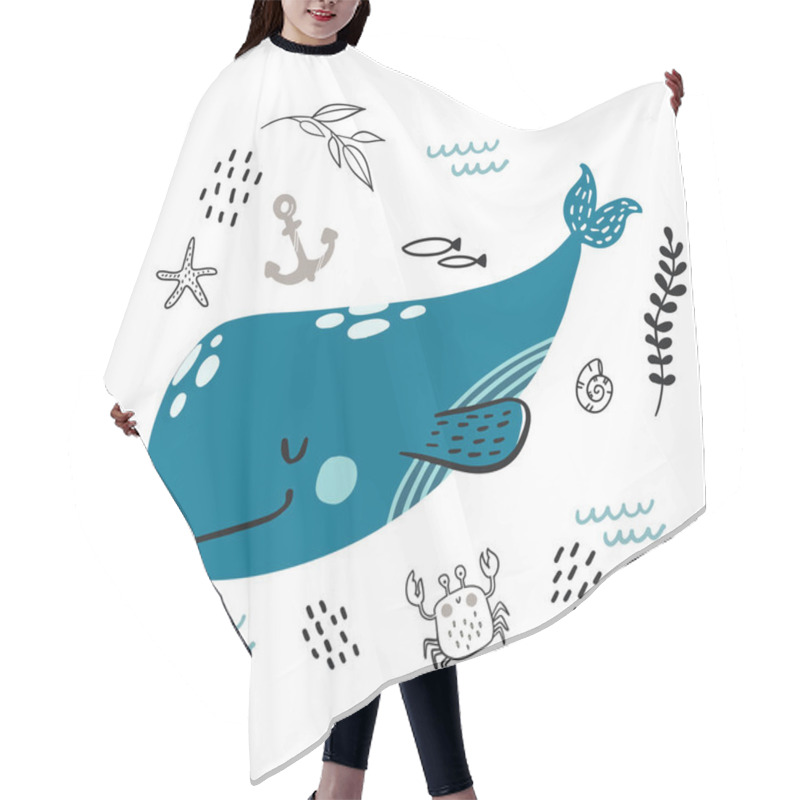 Personality  Vector Doodle Blue Whale Underwater Life Pattern Hair Cutting Cape