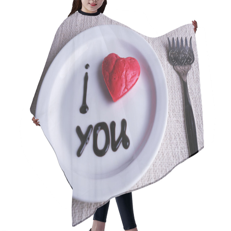 Personality  Cookie In Form Of Heart On Plate With Inscription I Love You, On Napkin Background Hair Cutting Cape