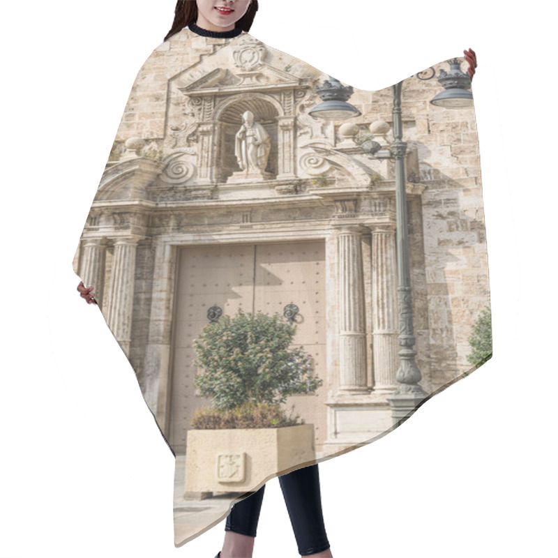 Personality  Entrance To The Catholic Stone Cathedral With Gates And Columns. Hair Cutting Cape