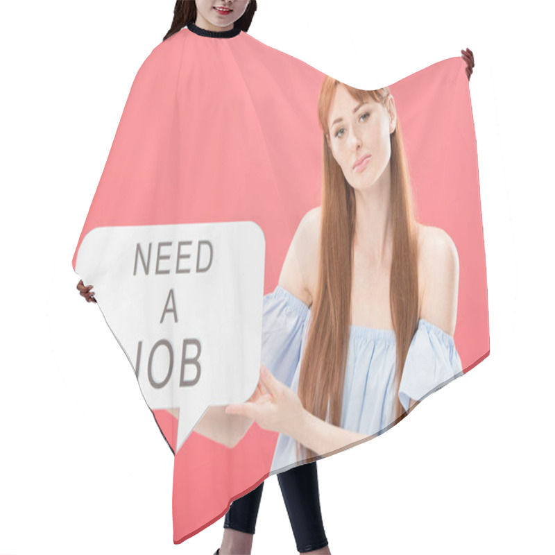 Personality  Sad Redhead Girl Holding Speech Bubble With Inscription Need A Job Isolated On Pink Hair Cutting Cape