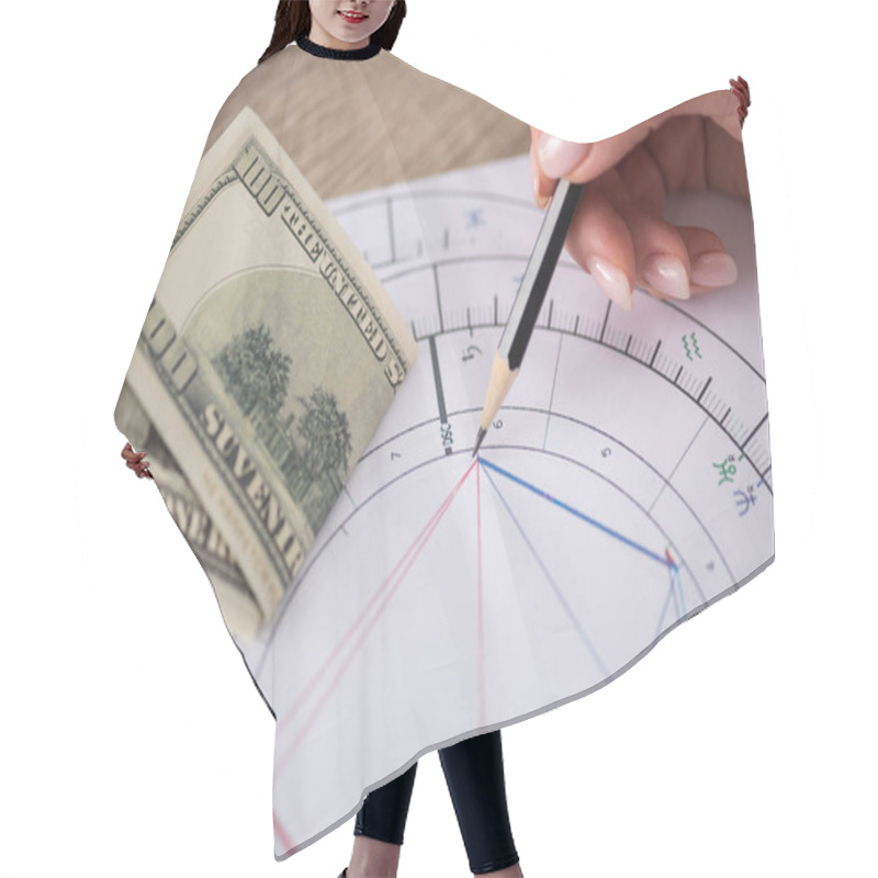 Personality  Cropped View Of Astrologer Drawing Natal Chart Beside Dollar Banknotes On Table Hair Cutting Cape