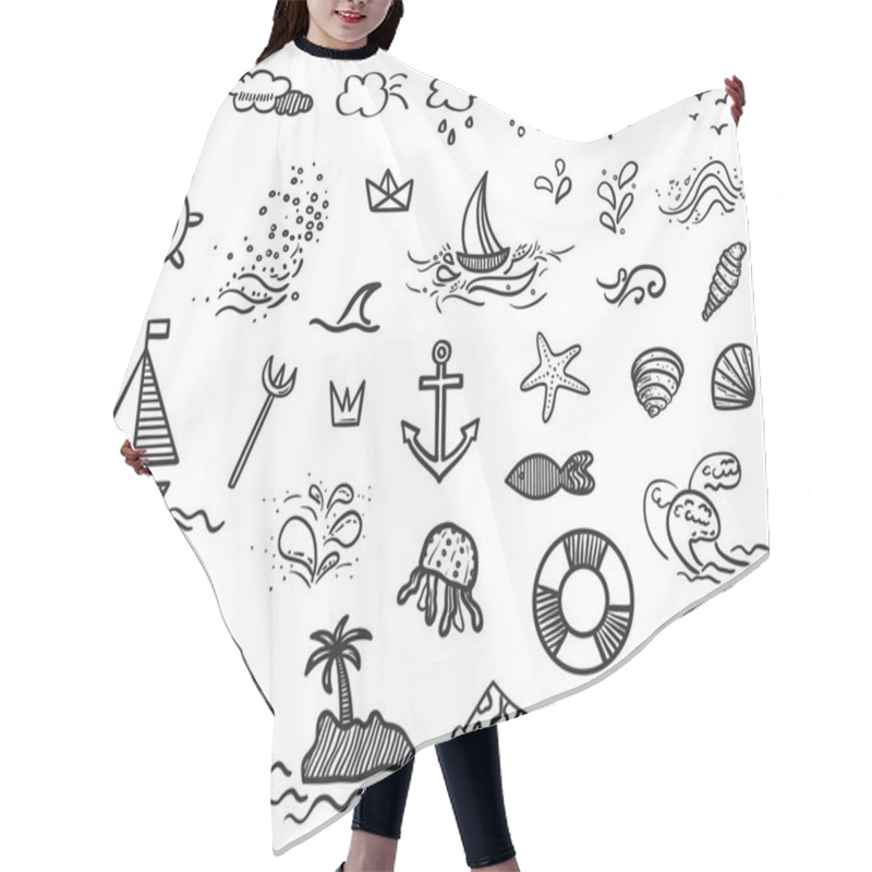 Personality  Hand Drawn Holiday Elements On Isolated Background. Sketchy Doodles On White. Summer Holidays. Signs And Symbols. Black And White Illustration Hair Cutting Cape