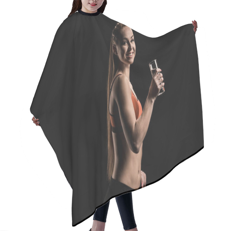 Personality  Smiling Sportswoman Holding Glass Of Water Hair Cutting Cape