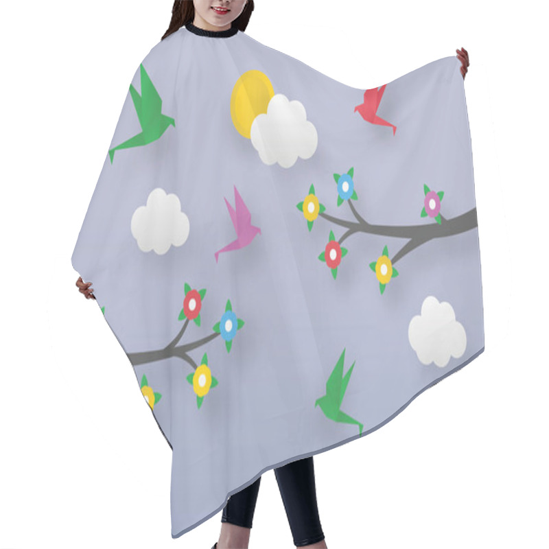 Personality  Tree Branches With Blooming Flowers And Colourful Origami Birds Illustration Hair Cutting Cape