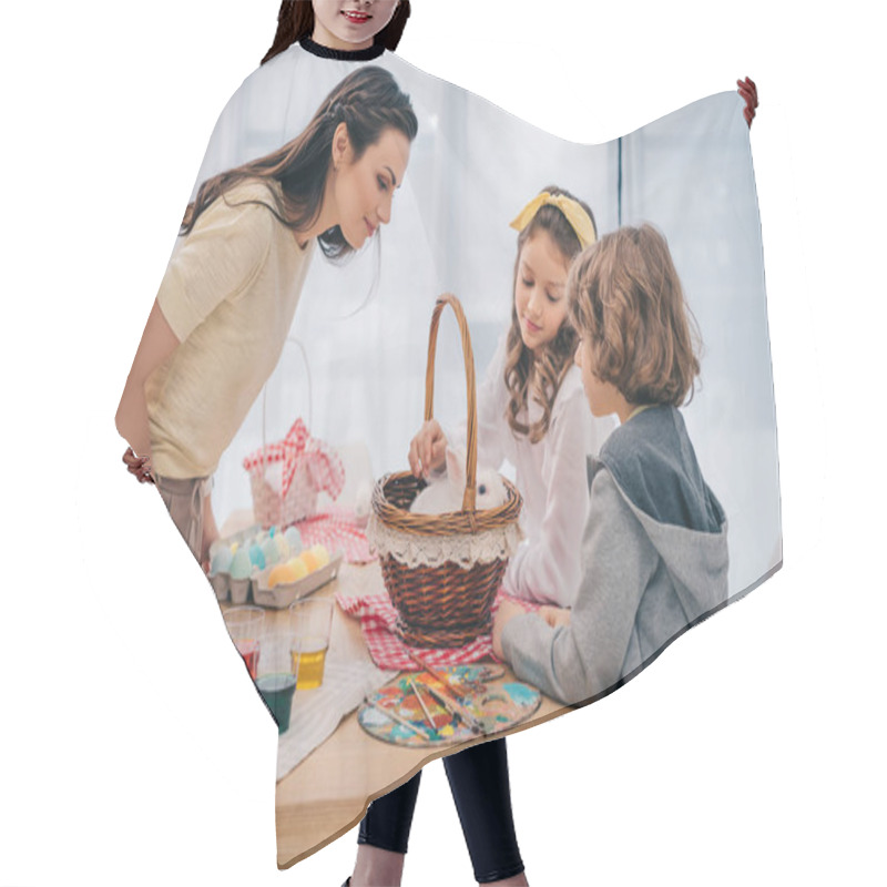 Personality  Kids And Mother Playing With Easter Rabbit At Home On Table Hair Cutting Cape