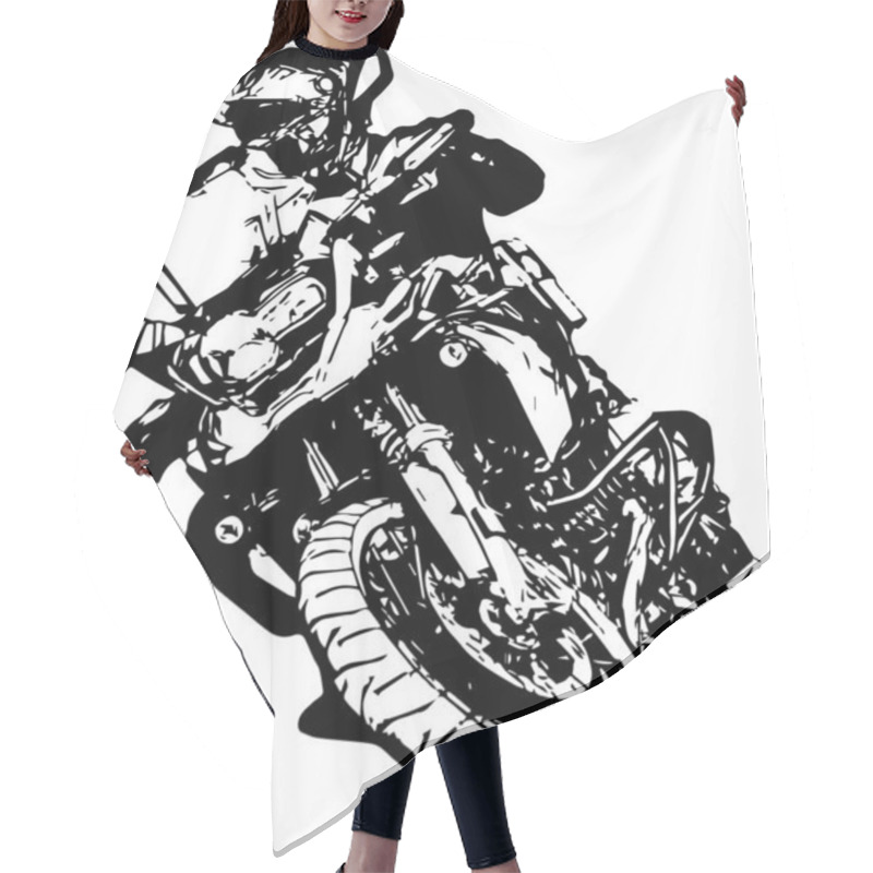 Personality  Biker On A Motorcycle Riding Fast On The Road. White Silhouette Of A Motorcyclist In A Helmet On A Bike On A Black Background. Hair Cutting Cape