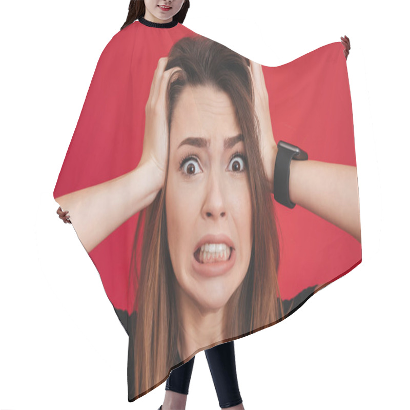 Personality  Portrait Closeup Of Nervous Woman Grabbing Her Head And Expressi Hair Cutting Cape