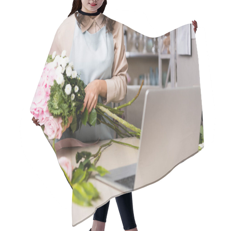 Personality  Cropped View Of Florist Arranging Bouquet With Roses, Chrysanthemums And Hydrangea Near Laptop On Desk On Blurred Background Hair Cutting Cape