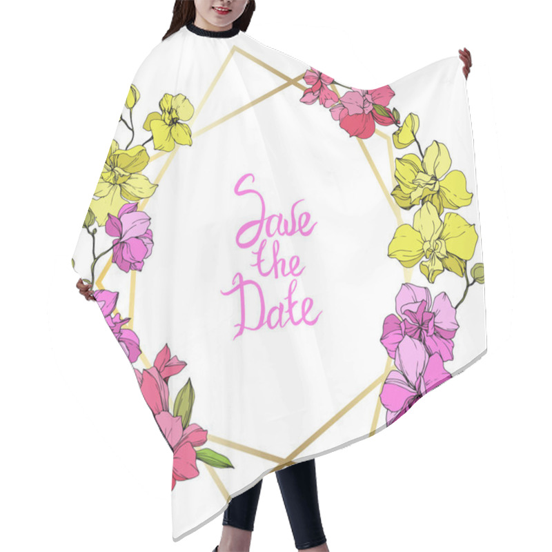 Personality  Beautiful Pink And Yellow Orchid Flowers. Engraved Ink Art. Frame Golden Crystal. Save The Date Handwriting Monogram Calligraphy. Geometric Polygon Crystal Mosaic Shape. Hair Cutting Cape