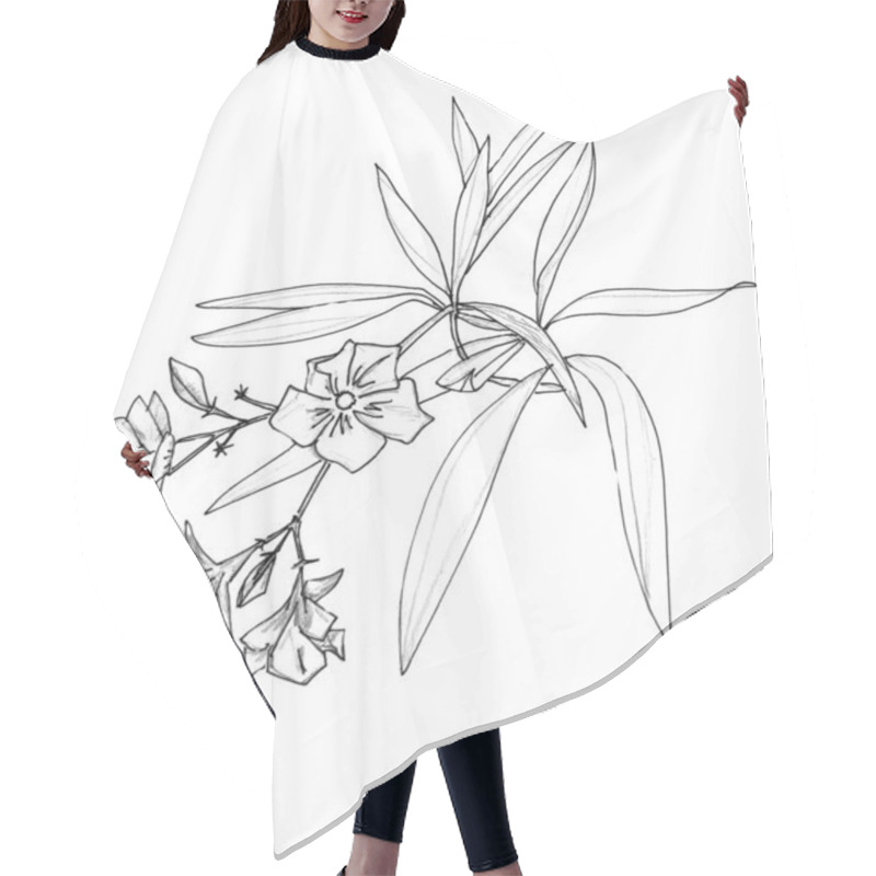 Personality  Graphic Black And White Linear Drawing Oleander Sprig With Flowers And Leaves On A White Background Hair Cutting Cape