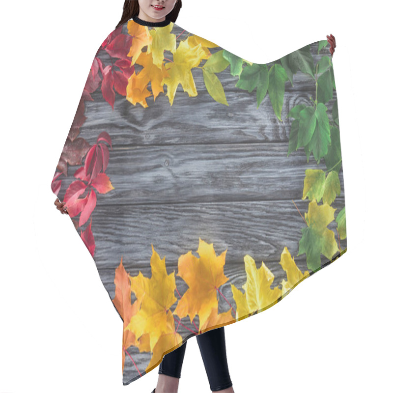 Personality  Elevated View Of Frame Of Autumnal Maple Leaves On Wooden Grey Surface Hair Cutting Cape