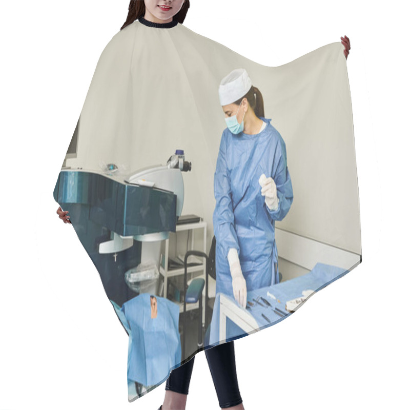 Personality  A Woman In Scrubs And Gloves Stands In A Hospital Room. Hair Cutting Cape