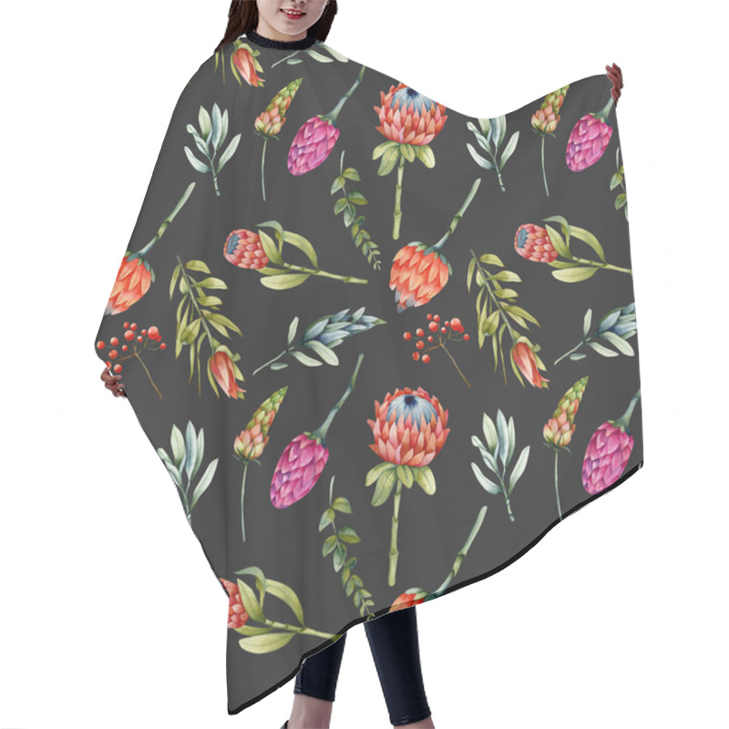 Personality  Watercolor Flourishing Protea, Green Branches And Red Berries Seamless Pattern, Hand Painted On A Dark Background Hair Cutting Cape