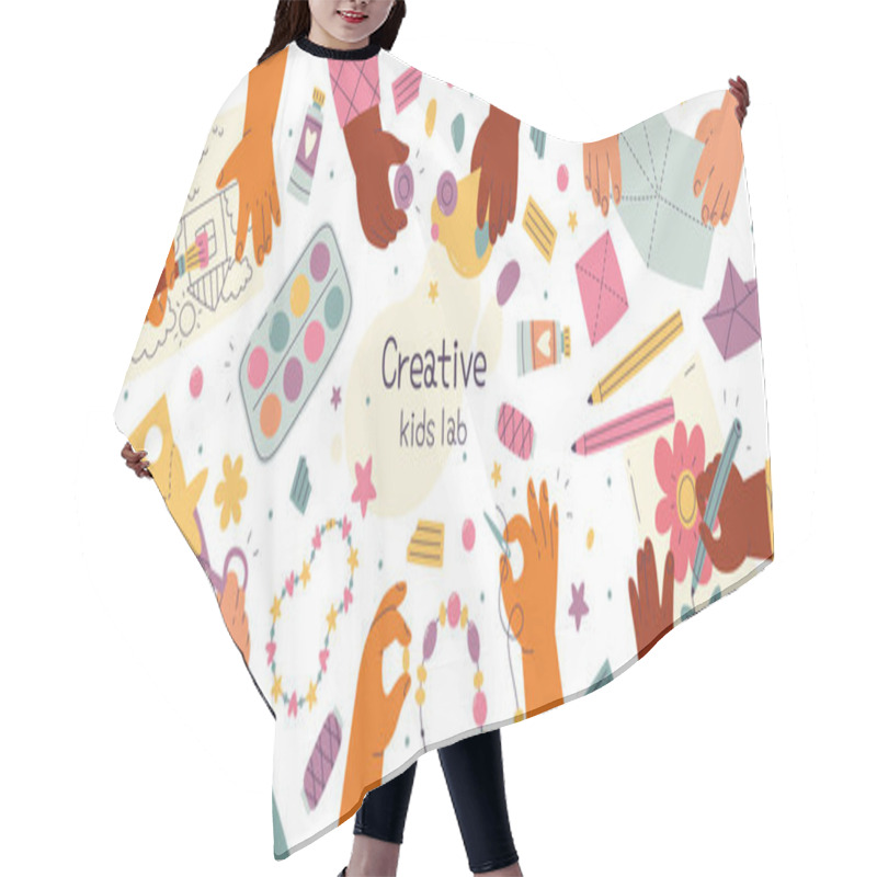 Personality  Creative Children Hands Flat Illustrations Set. Small Hands Cutting Paper, Creating Accessory, Holding Brush And Doing Origami. Hobby And Leisure Activity. Handmade Design Elements Hair Cutting Cape