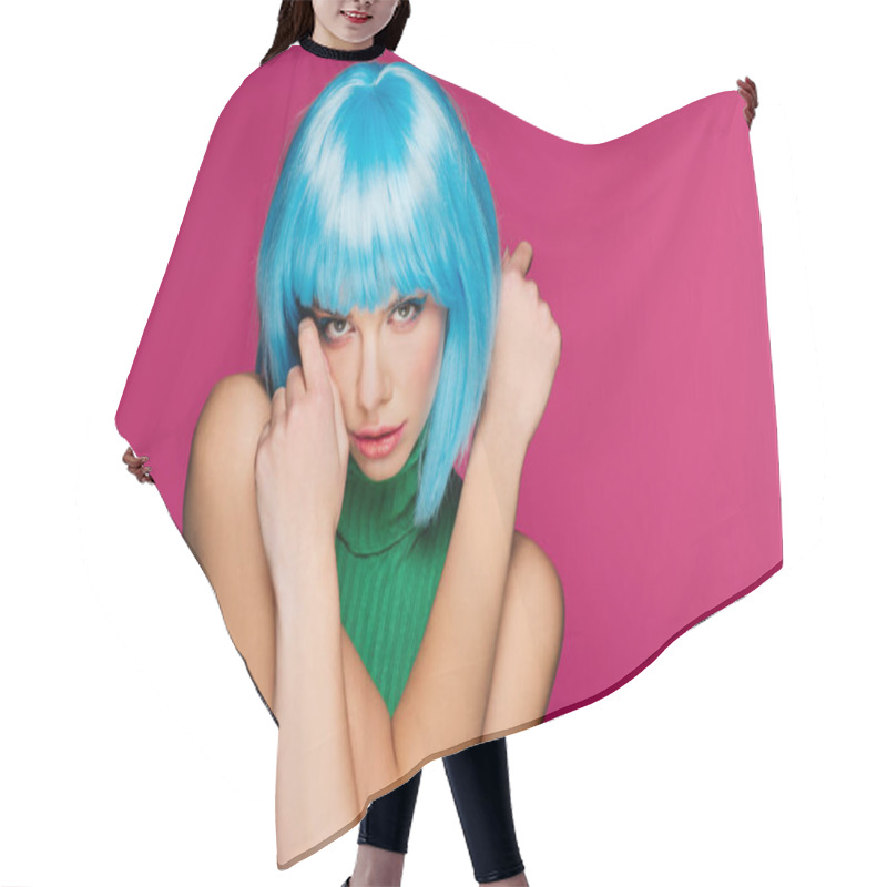 Personality  Beautiful Model With Blue Hair, Isolated On Pink Hair Cutting Cape