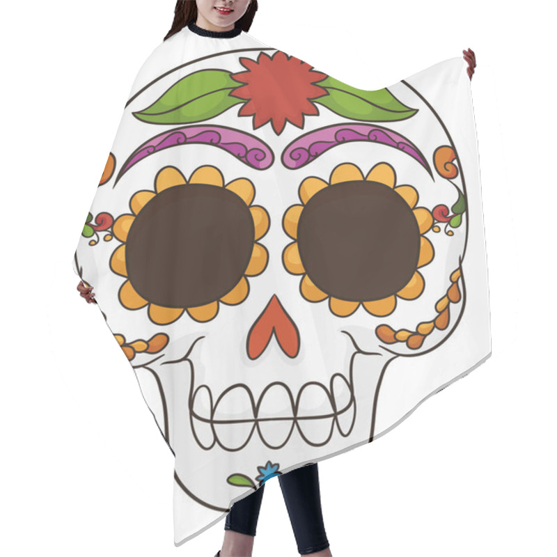 Personality  Colorful Mexican Skull In Frontal View, Decorated With Traditional Pattern And Flower For Day Of The Dead. Hair Cutting Cape